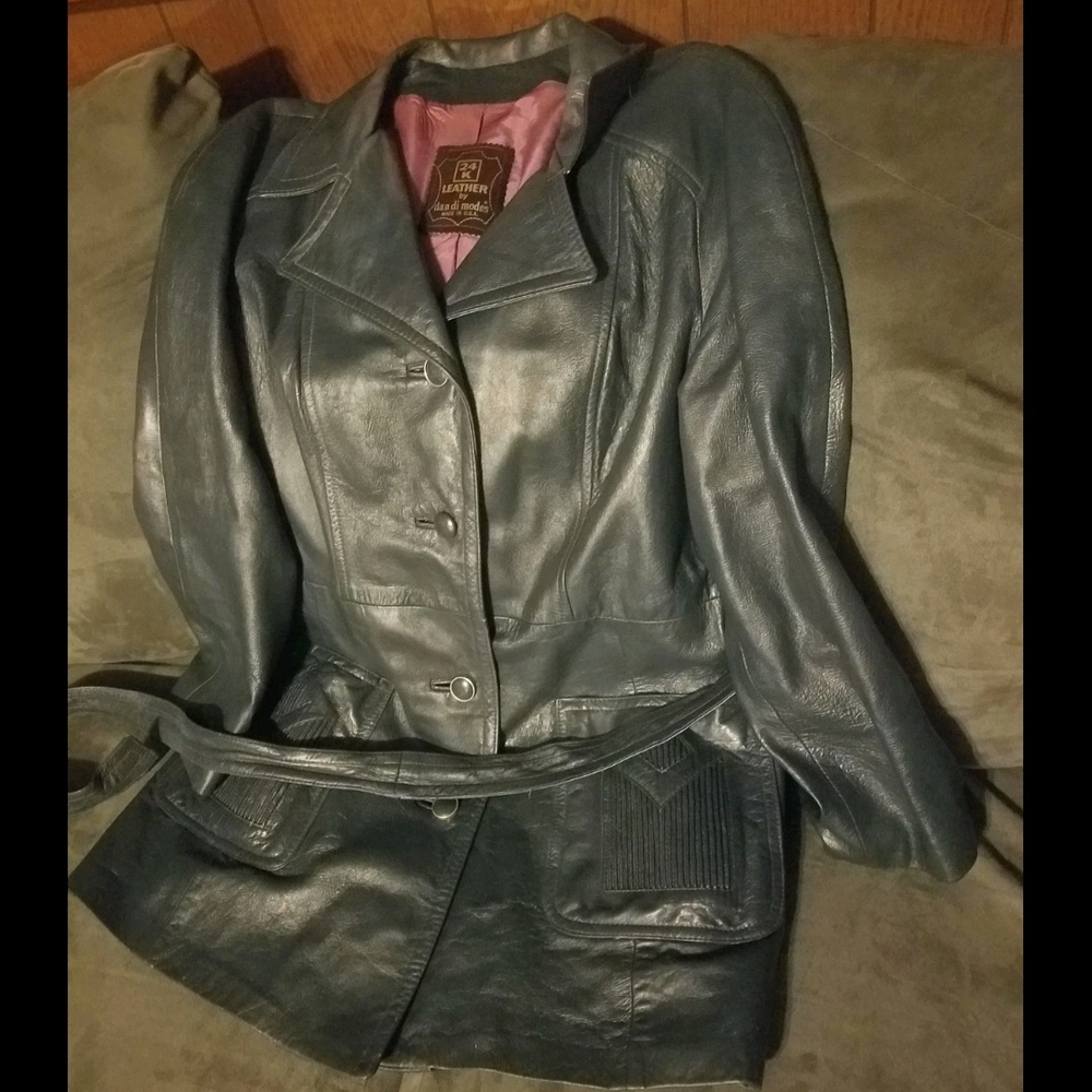 Vintage Dan Di Modes Navy Blue long Leather Size 24K 1960's Spy Trench coat